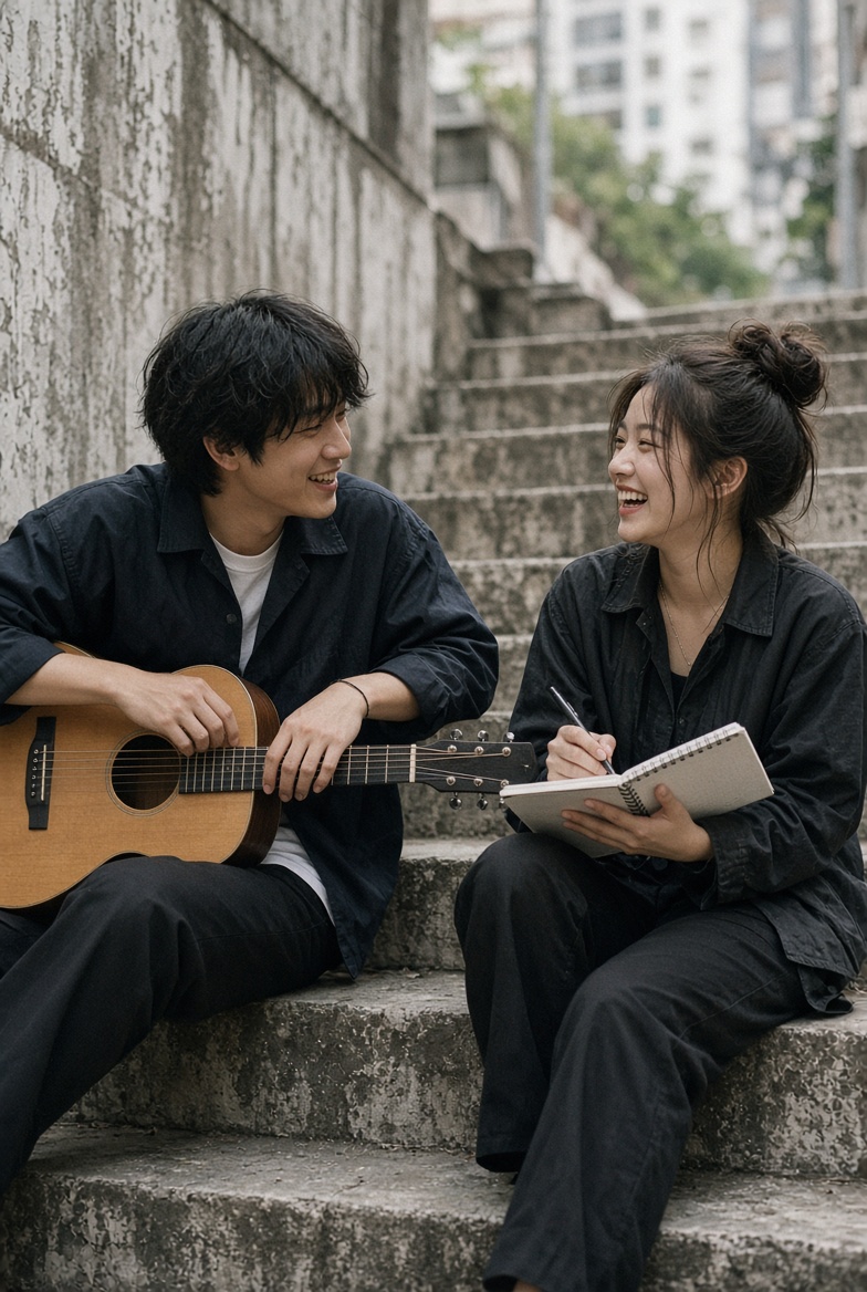 Two indie artists talking on the steps