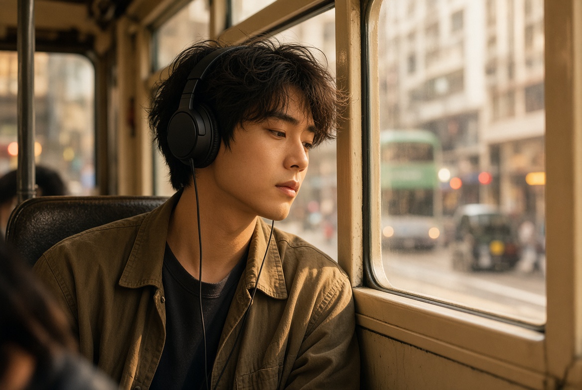 A listener on a Hong Kong tram with headphones