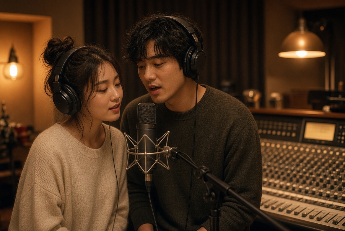 Singers recording in a studio